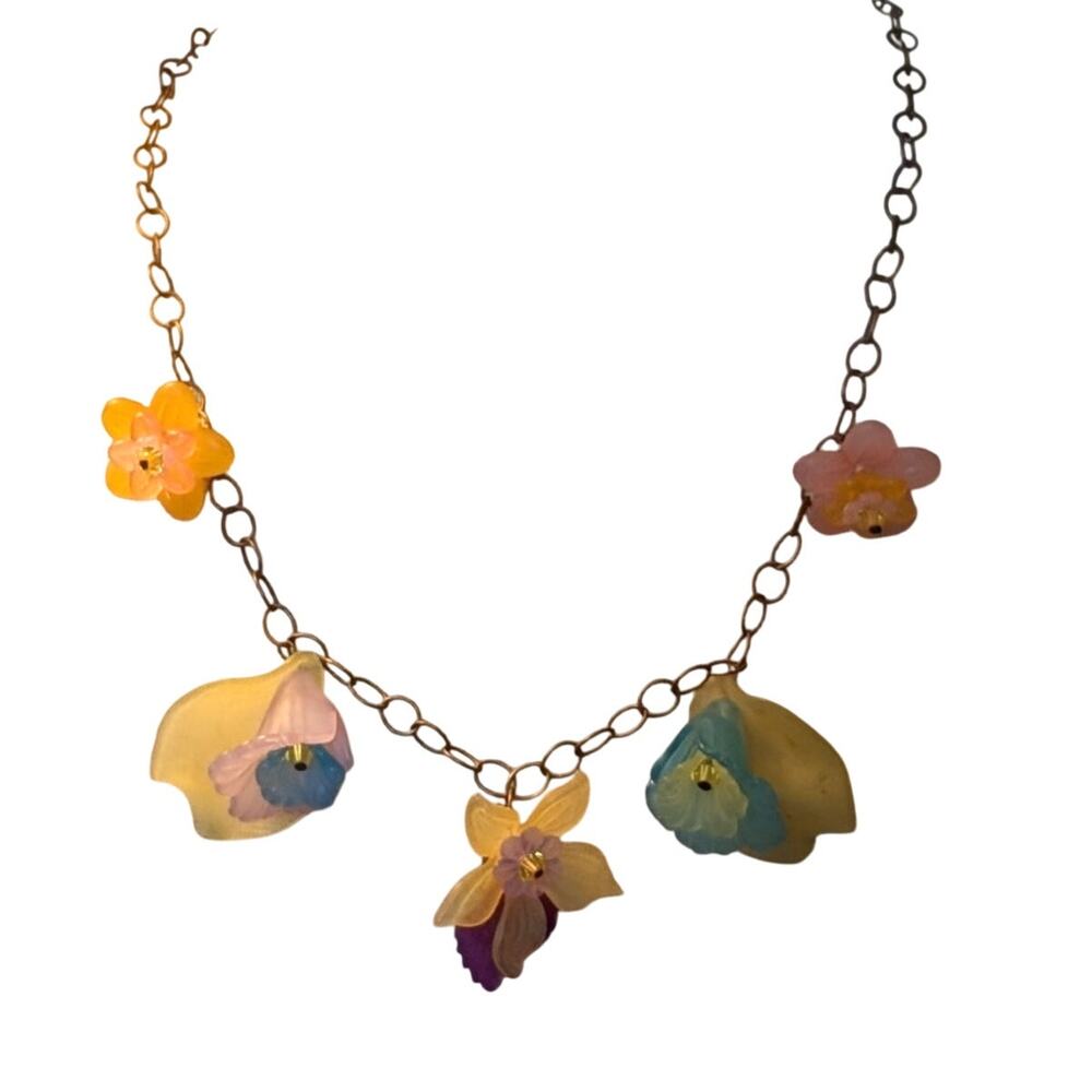 Vintage 3D Multi-Color Delicate Flower Bronze Chain Magnetic Clasp 18" Necklace